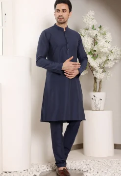 Solid Color Viscose Silk Kurta in Navy Blue