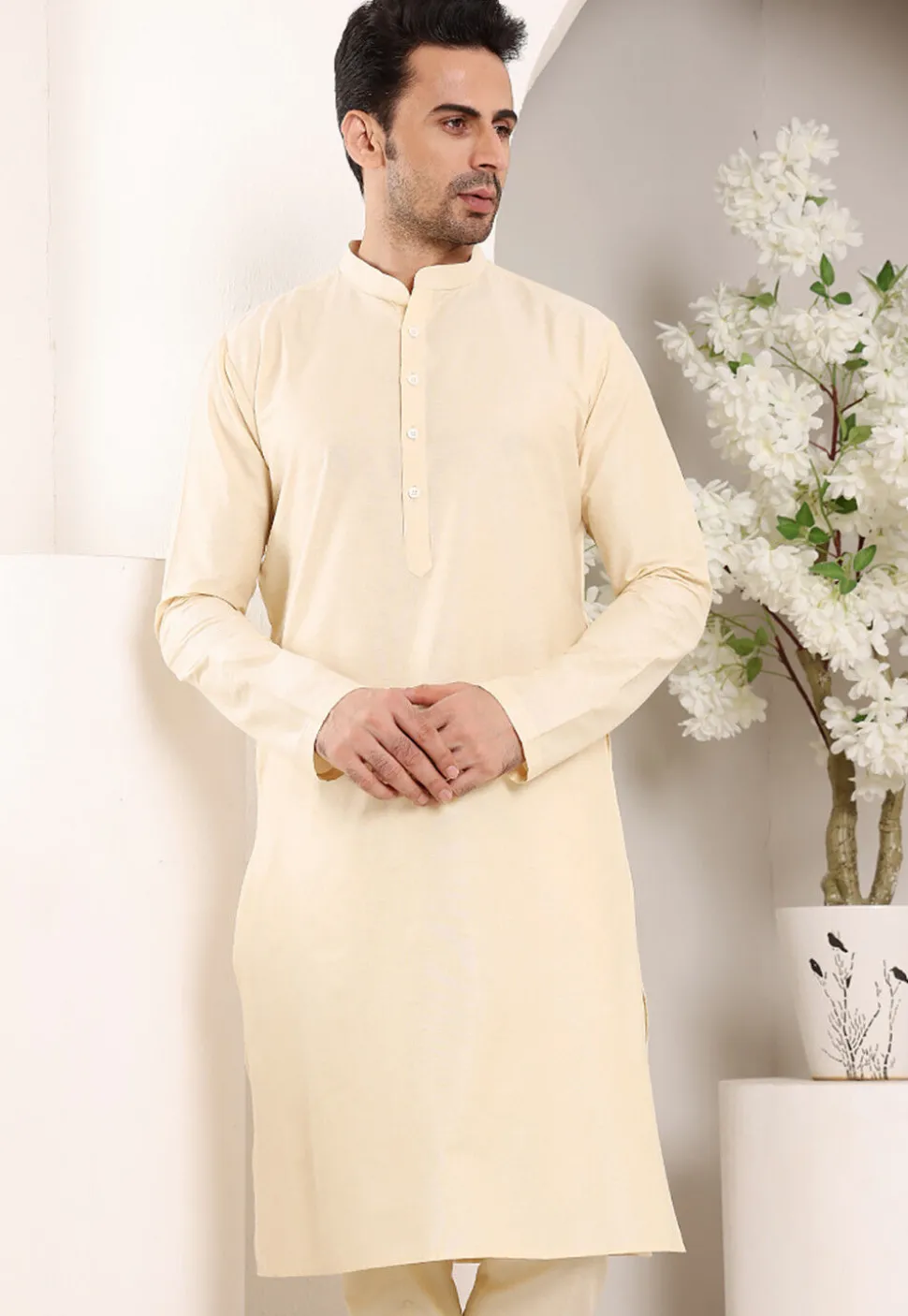 Solid Color Viscose Silk Kurta in Cream