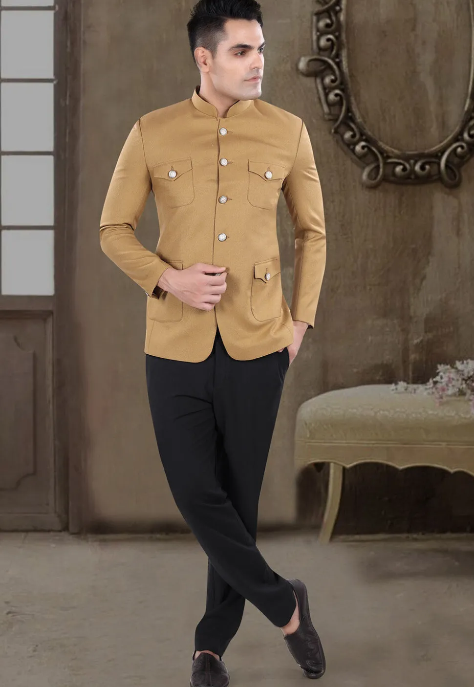 Solid Color Viscose Silk Jodhpuri Suit in Beige
