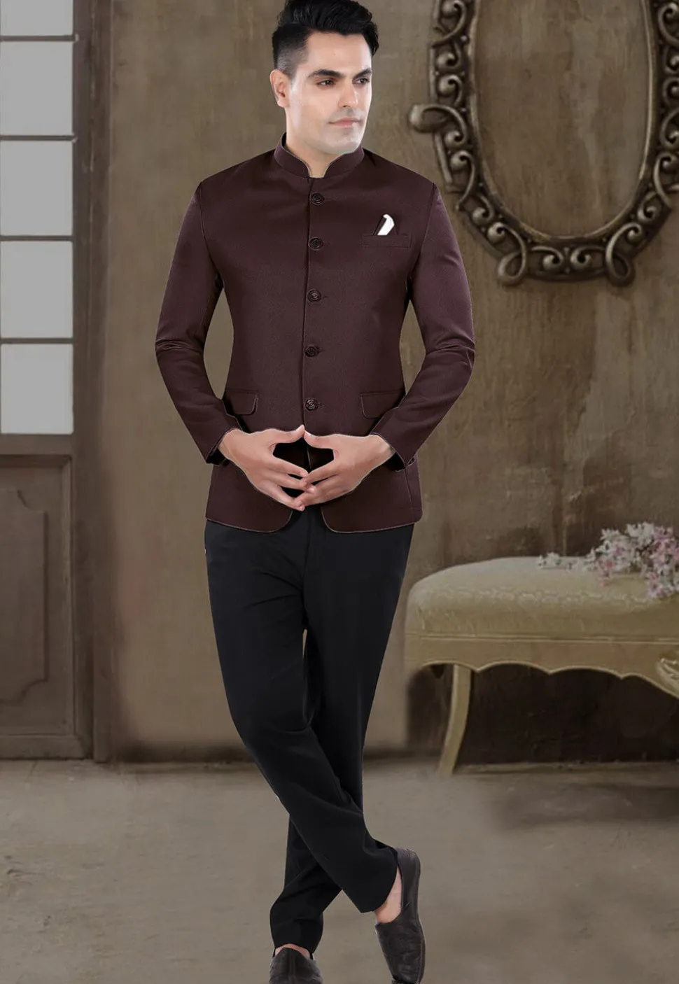 Solid Color Viscose Silk Jodhpuri Suit in Wine