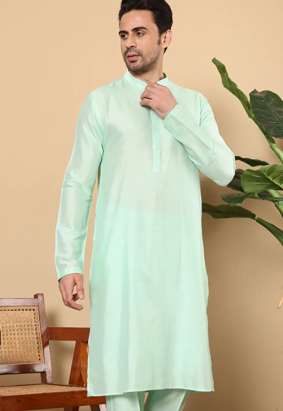 Solid Color Viscose Silk Kurta in Sea Green