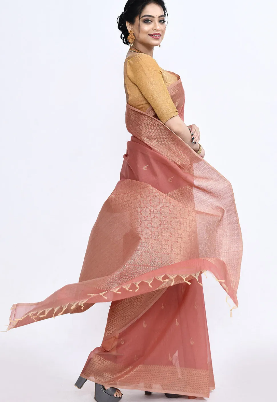 South Indian Sico Saree in Peach