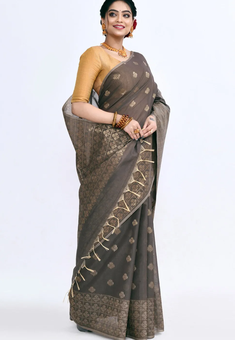 South Indian Sico Saree in Dark Grey