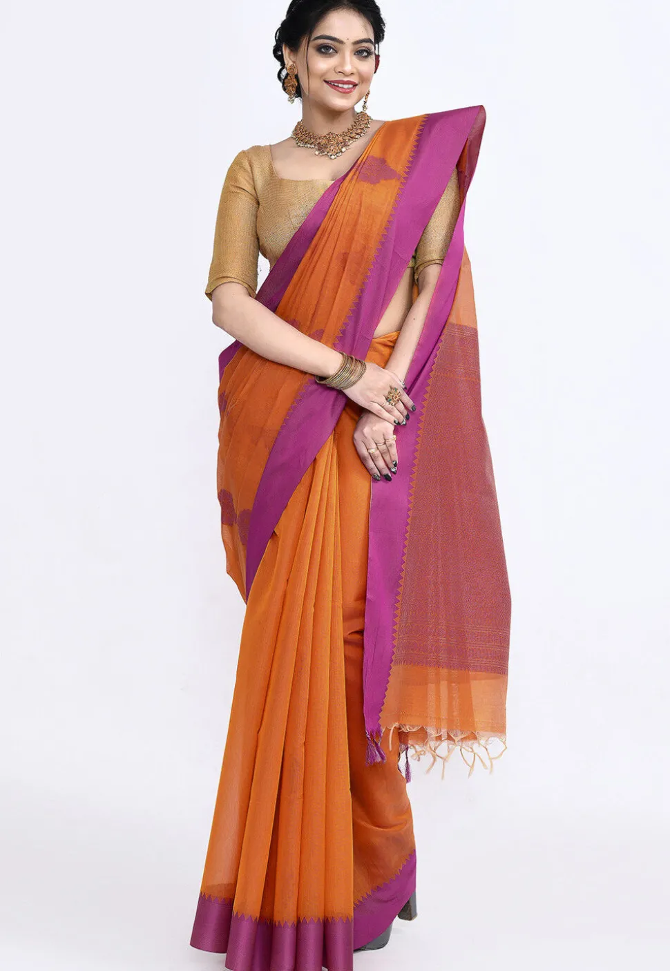 South Indian Sico Saree in Orange