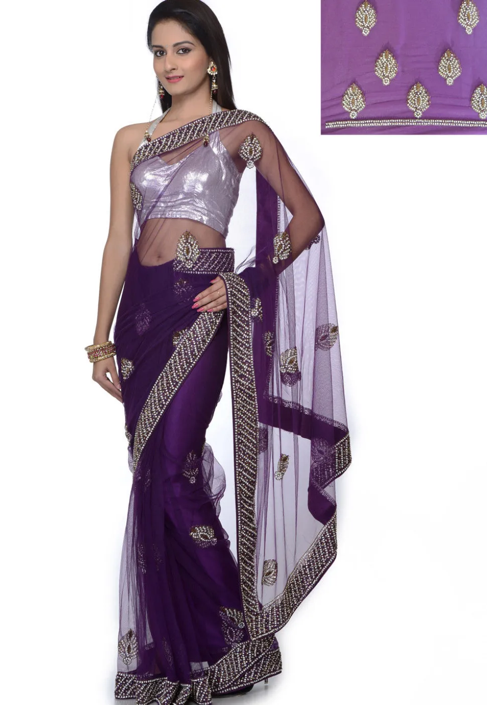 Stone Embroidered Net Saree in Purple