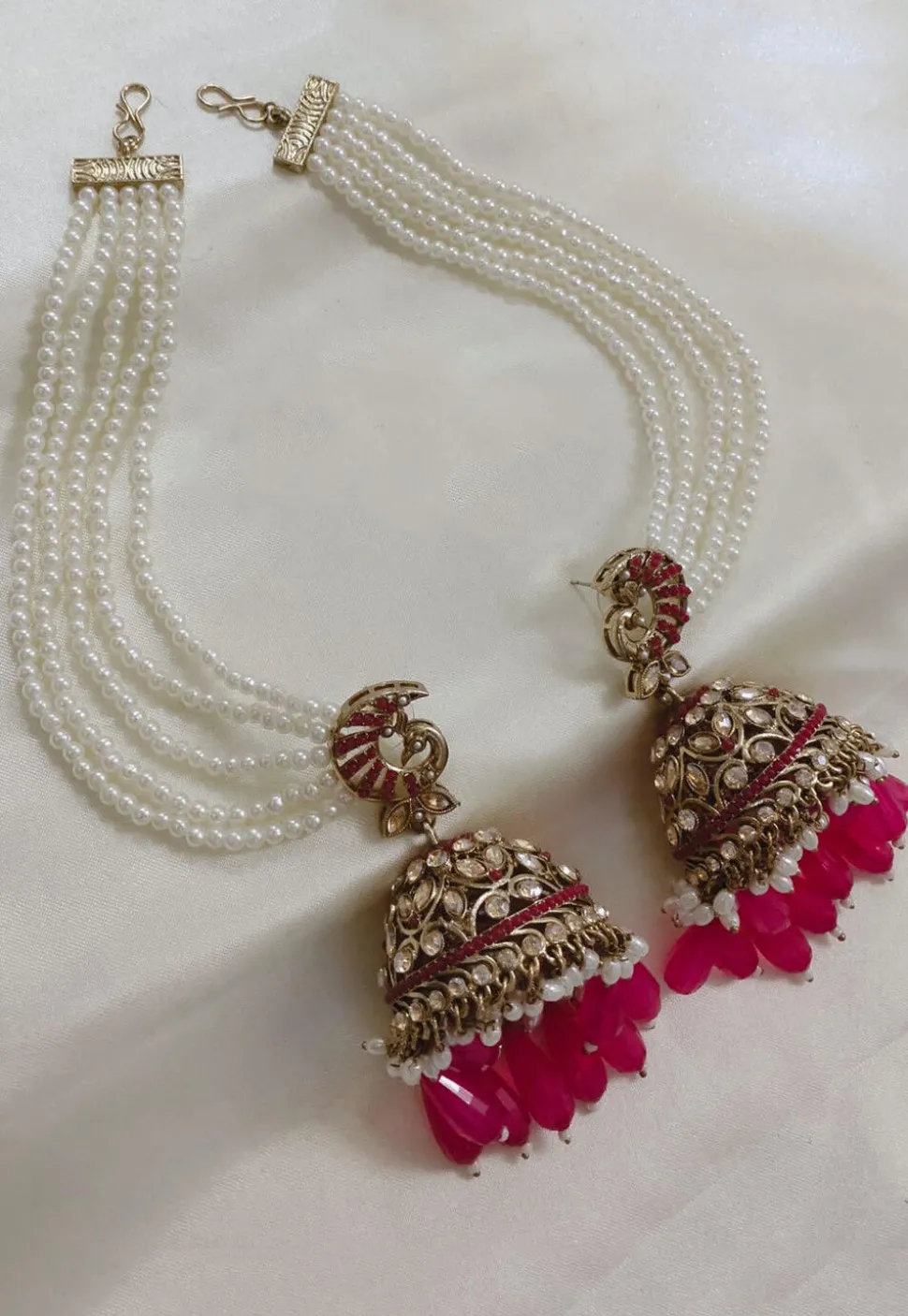 Stone Studded Jhumka Style Earrings with Layered Ear Chain