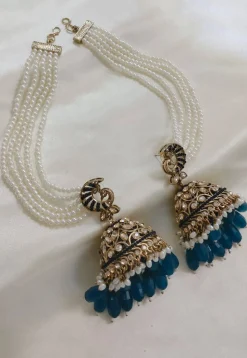 Stone Studded Jhumka Style Earrings with Layered Ear Chain