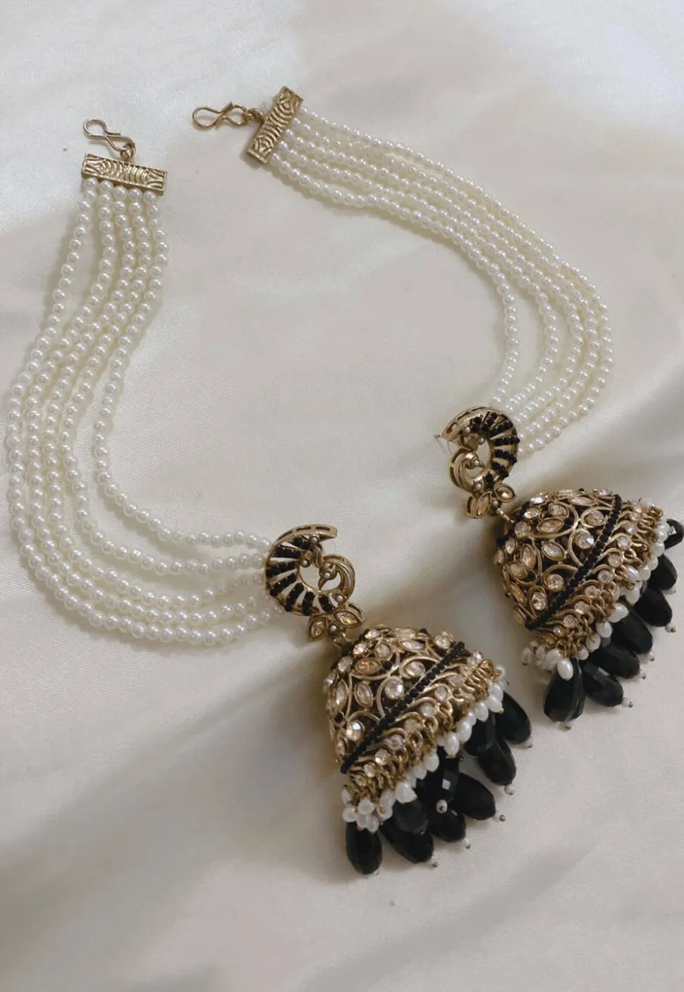 Stone Studded Jhumka Style Earrings with Layered Ear Chain