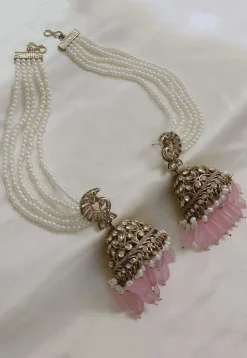 Stone Studded Jhumka Style Earrings with Layered Ear Chain