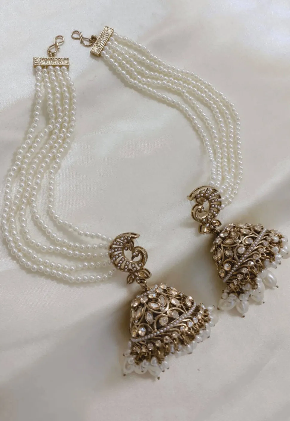 Stone Studded Jhumka Style Earrings with Layered Ear Chain