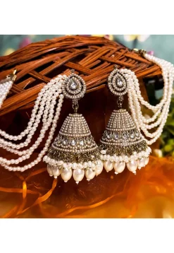 Stone Studded Jhumka Style Earrings with Ear Chain