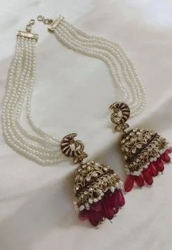 Stone Studded Jhumka Style Earrings with Layered Ear Chain