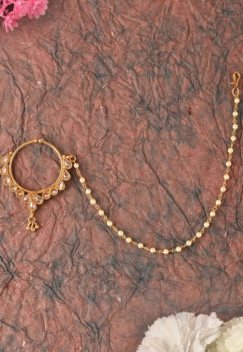 Stone Studded Nose Ring with Chain