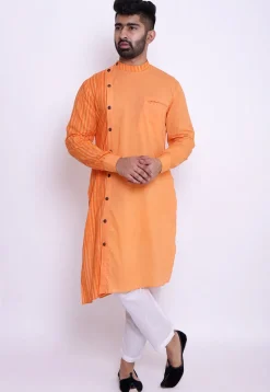 Stripe Print Cotton Asymmetric Kurta in Orange