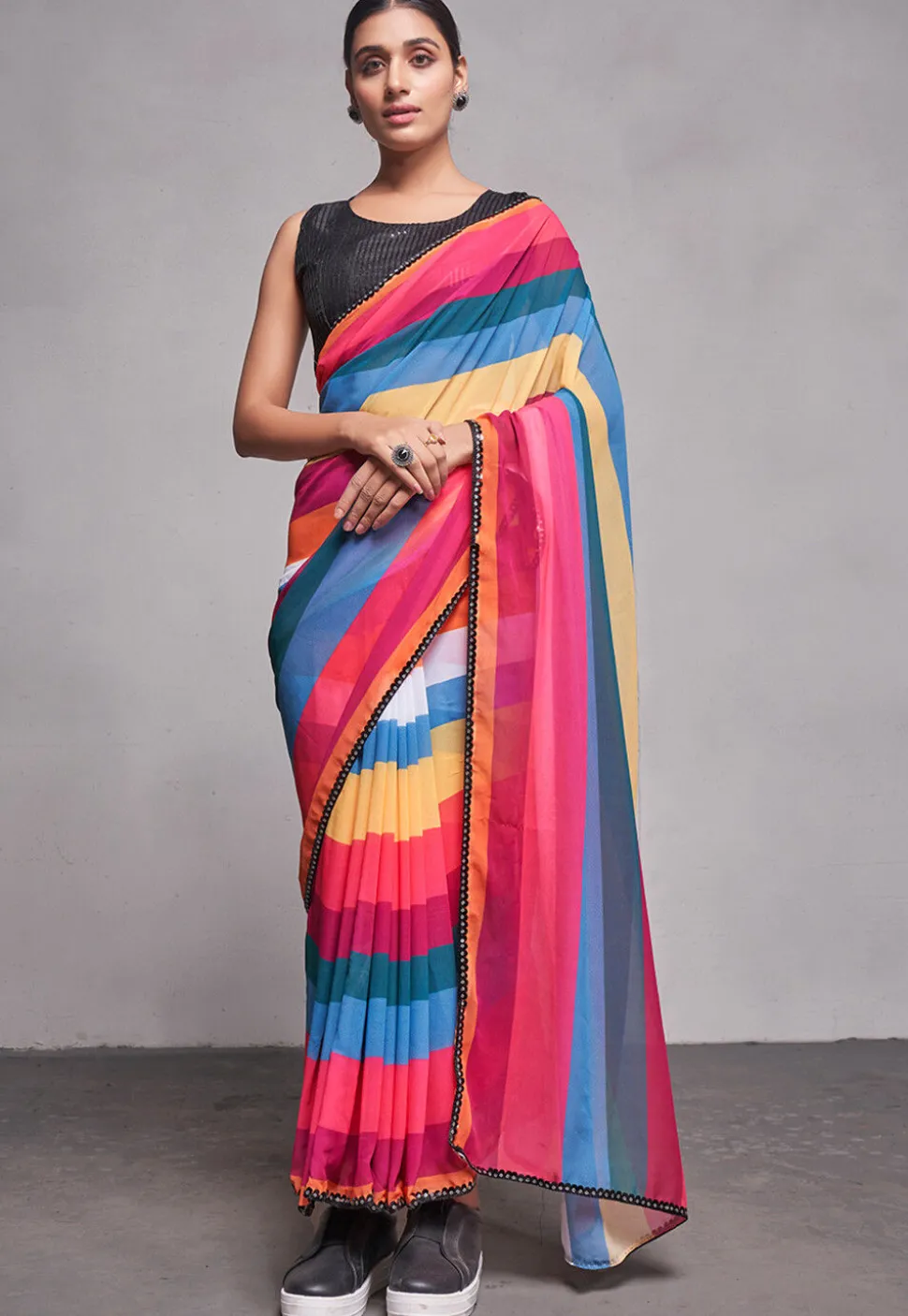 Stripe Printed Chiffon Saree in Multicolor