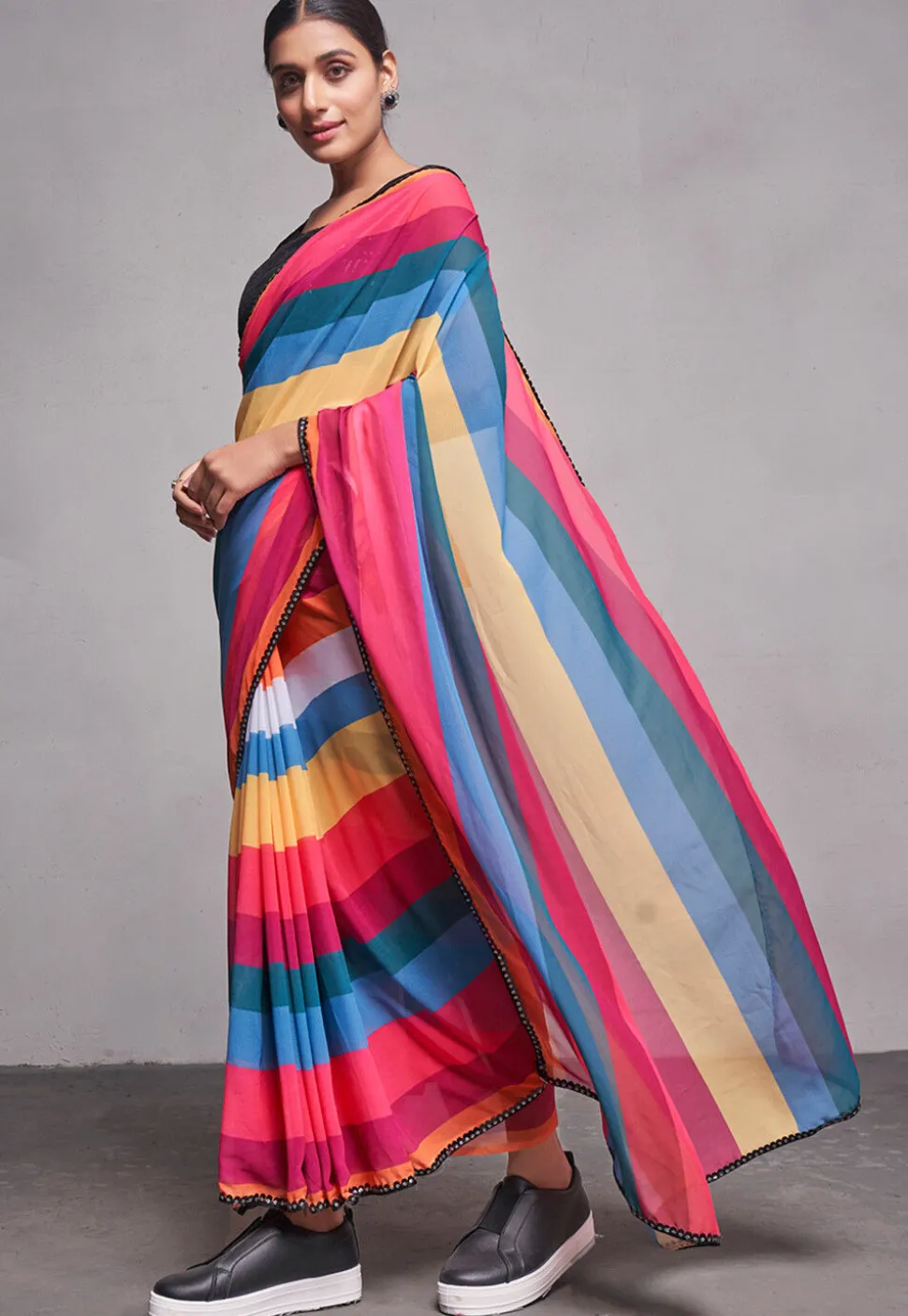 Stripe Printed Chiffon Saree in Multicolor