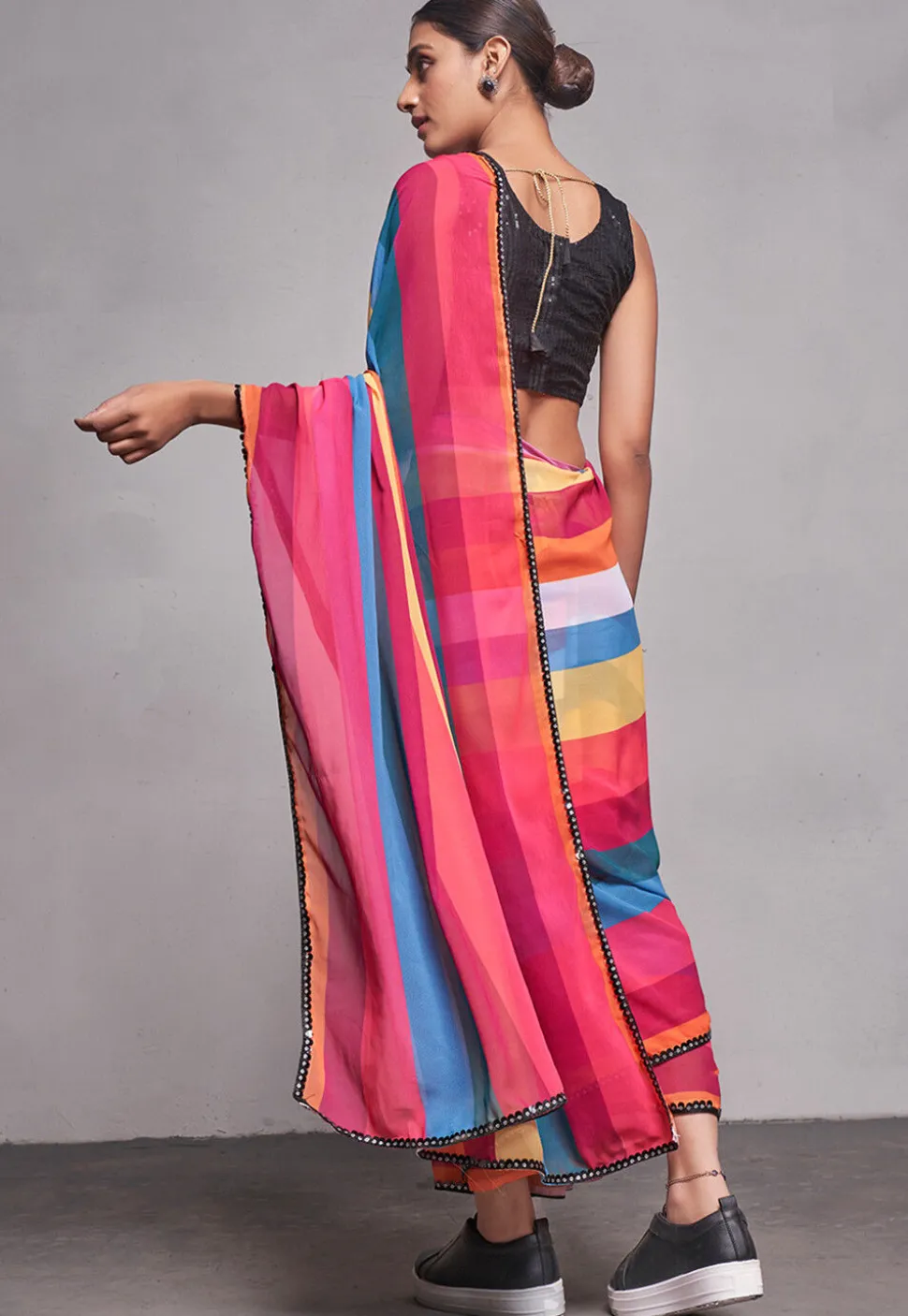 Stripe Printed Chiffon Saree in Multicolor