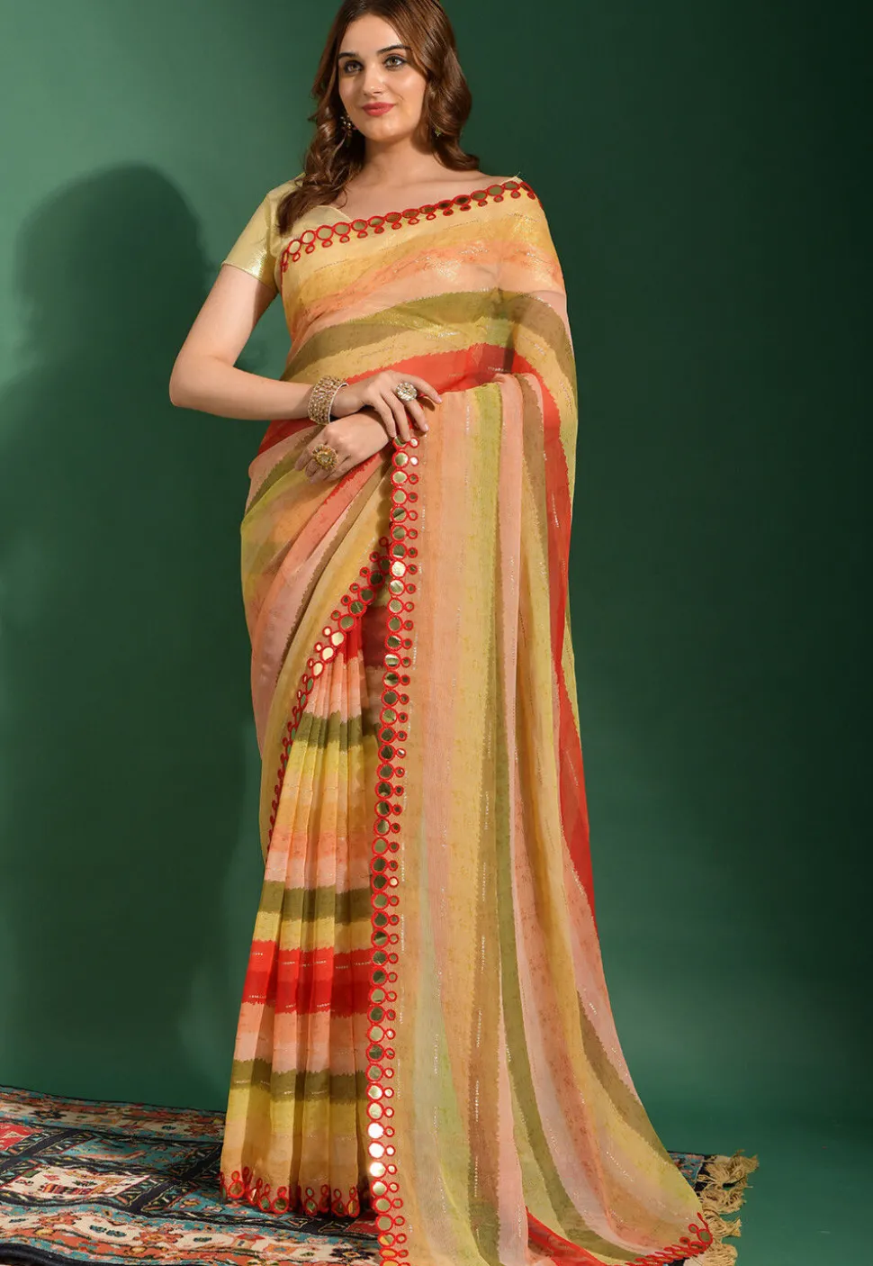 Stripe Printed Chiffon Saree in Multicolor