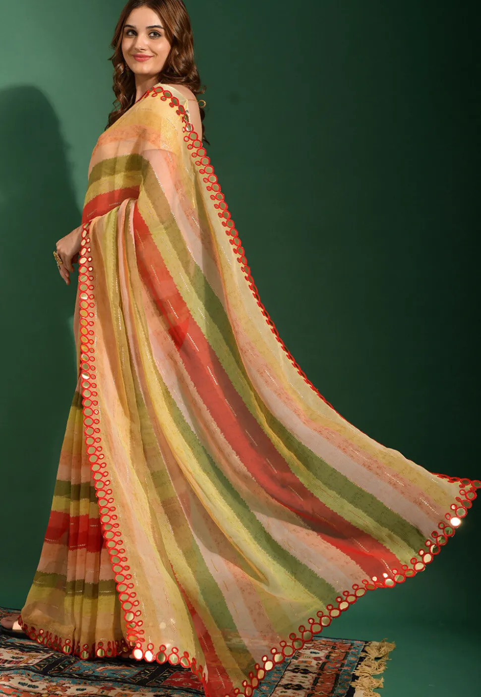 Stripe Printed Chiffon Saree in Multicolor