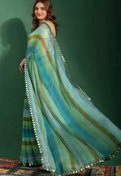 Stripe Printed Chiffon Saree in Blue