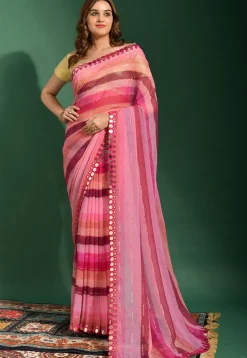 Stripe Printed Chiffon Saree in Pink