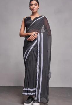Stripe Printed Chiffon Saree in Black