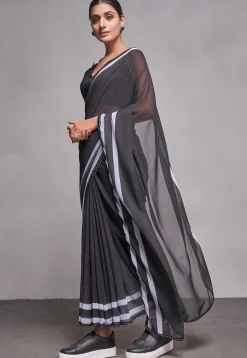 Stripe Printed Chiffon Saree in Black