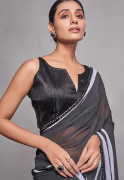 Stripe Printed Chiffon Saree in Black