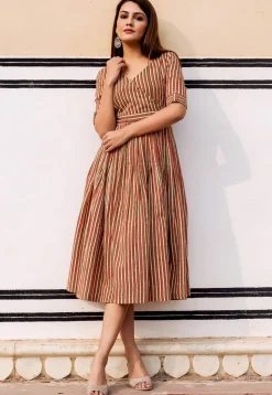 Stripe Printed Cotton Fit N Flare Dress in Multicolor