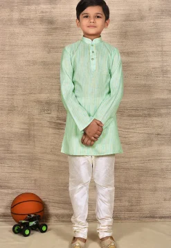 Stripe Printed Cotton Kurta Set in Sea Green
