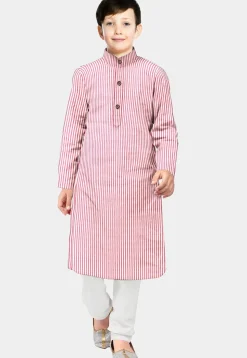 Stripe Printed Cotton Kurta Set in Pink and White