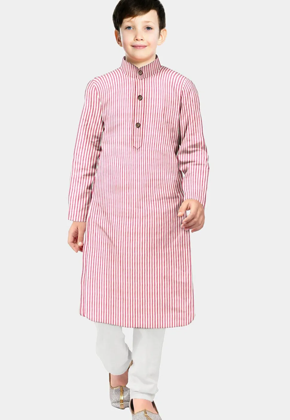 Stripe Printed Cotton Kurta Set in Pink and White