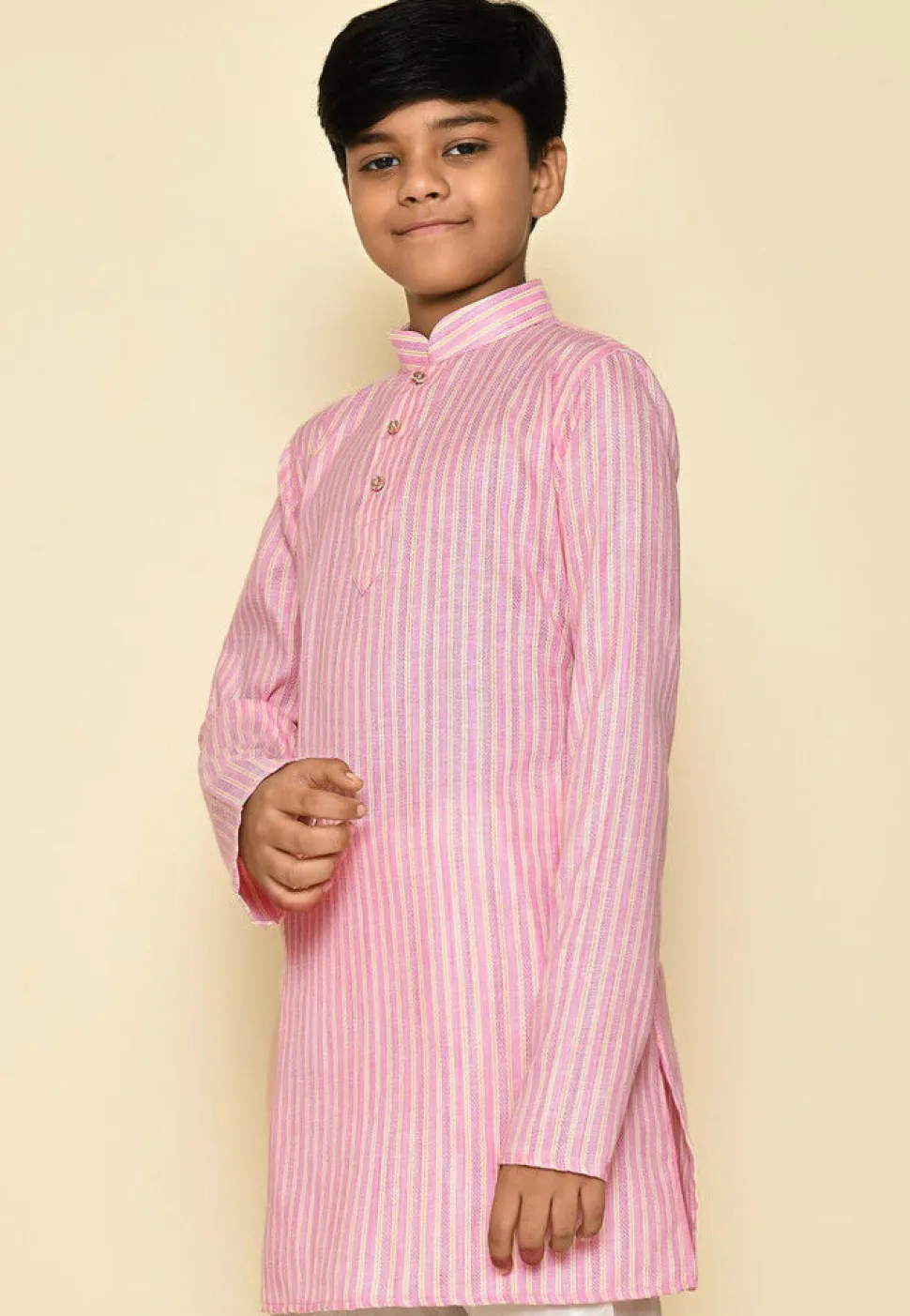 Stripe Printed Cotton Kurta in Pink and Yellow