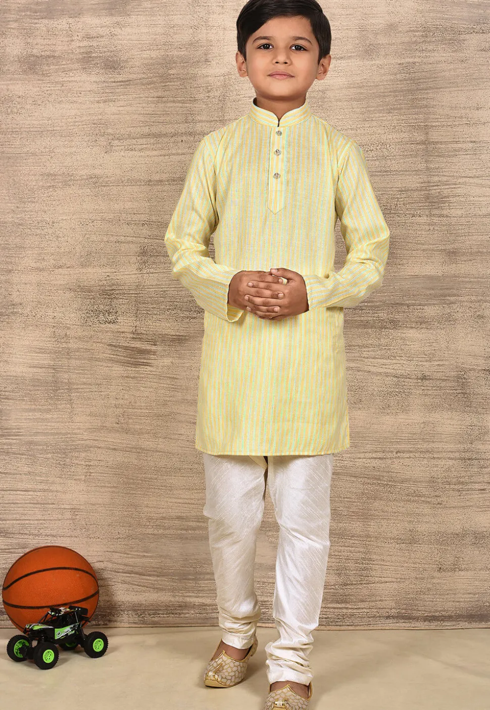Stripe Printed Cotton Kurta Set in Yellow