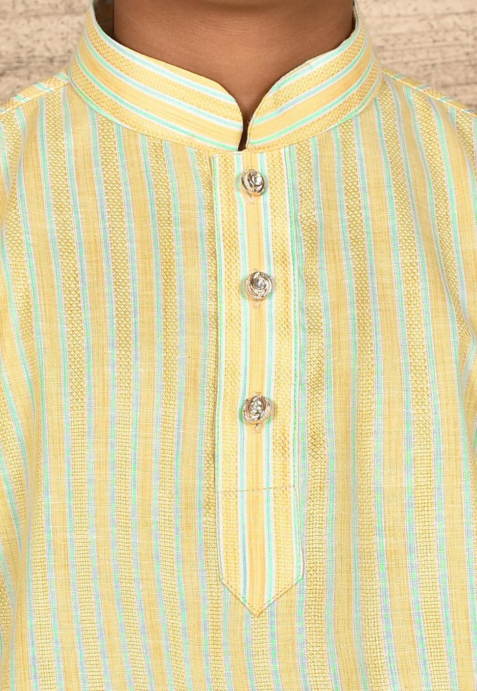 Stripe Printed Cotton Kurta Set in Yellow