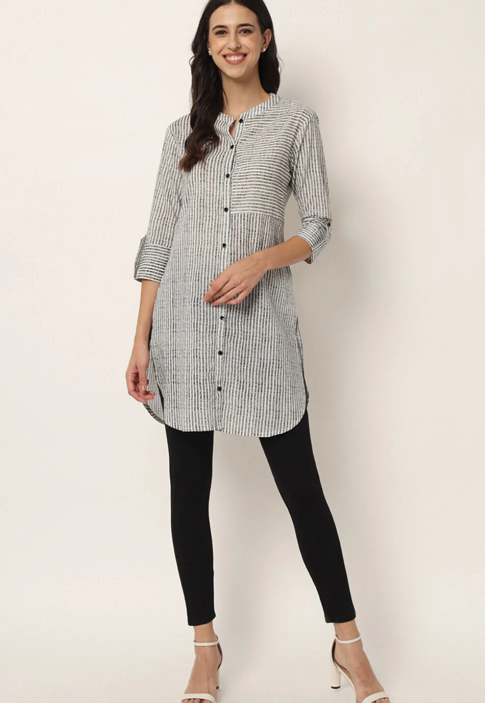 Stripe Printed Cotton Kurti in Off White