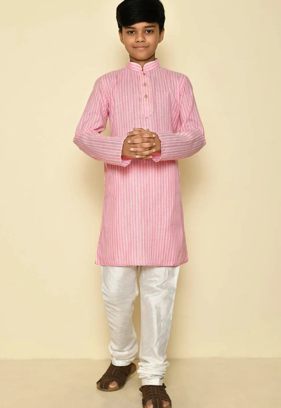 Stripe Printed Cotton Kurta Set in Pink and Yellow