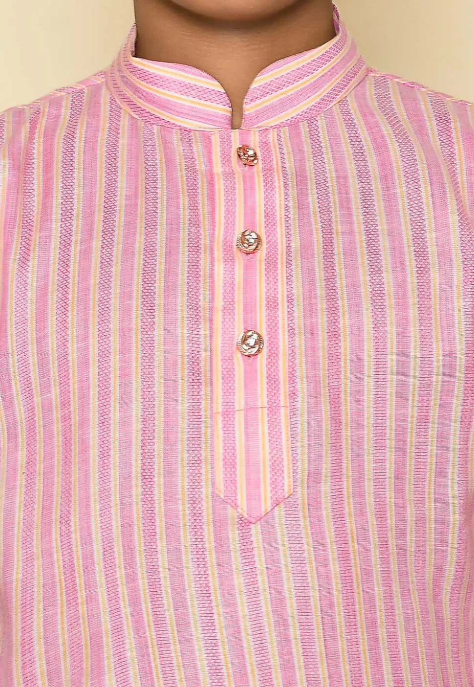 Stripe Printed Cotton Kurta Set in Pink and Yellow