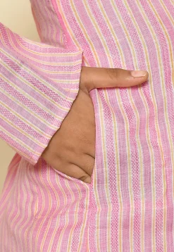 Stripe Printed Cotton Kurta Set in Pink and Yellow