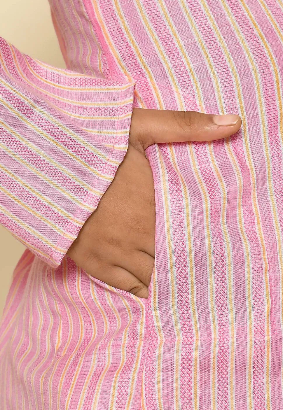 Stripe Printed Cotton Kurta Set in Pink and Yellow