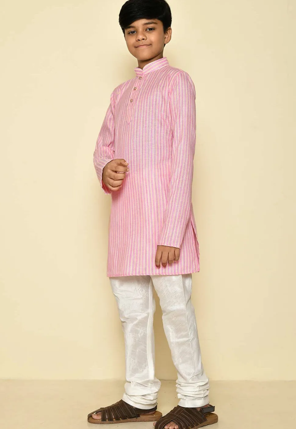 Stripe Printed Cotton Kurta Set in Pink and Yellow