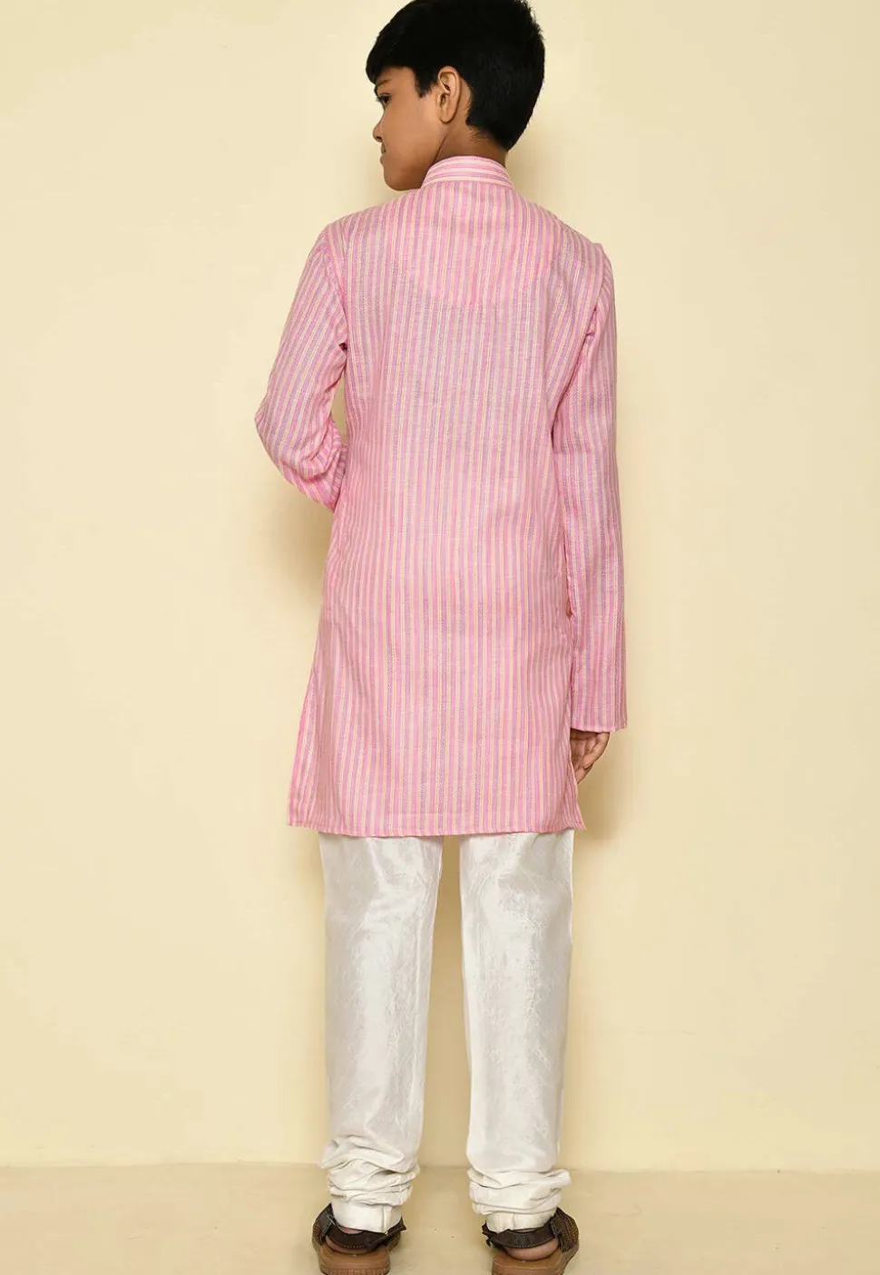 Stripe Printed Cotton Kurta Set in Pink and Yellow