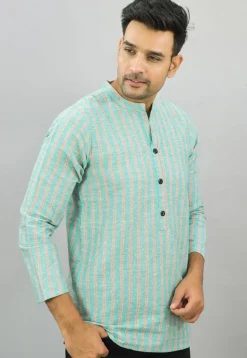 Stripe Printed Cotton Short Kurta in Sea Green