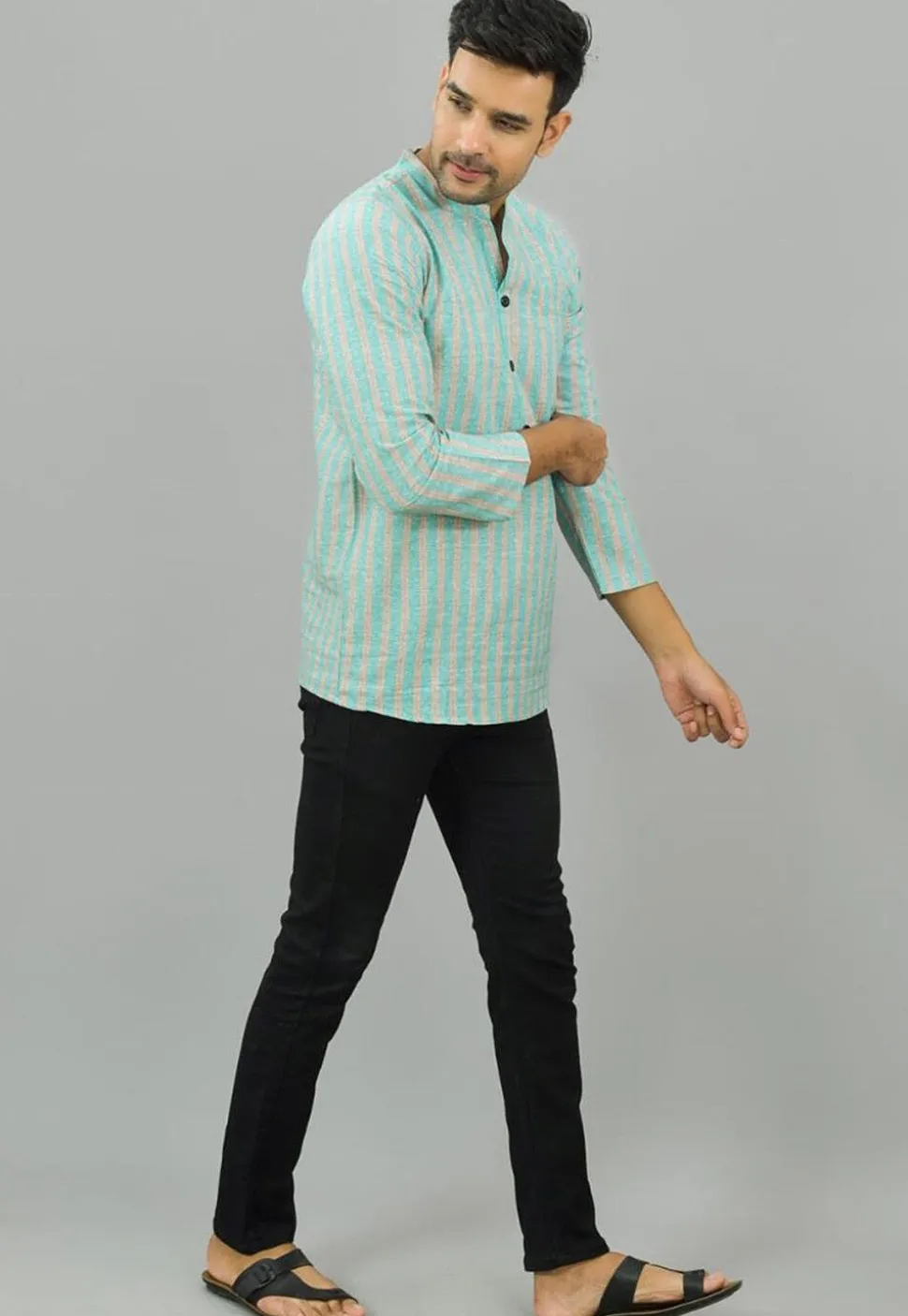 Stripe Printed Cotton Short Kurta in Sea Green