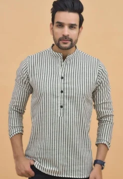Stripe Printed Cotton Short Kurta in White and Grey