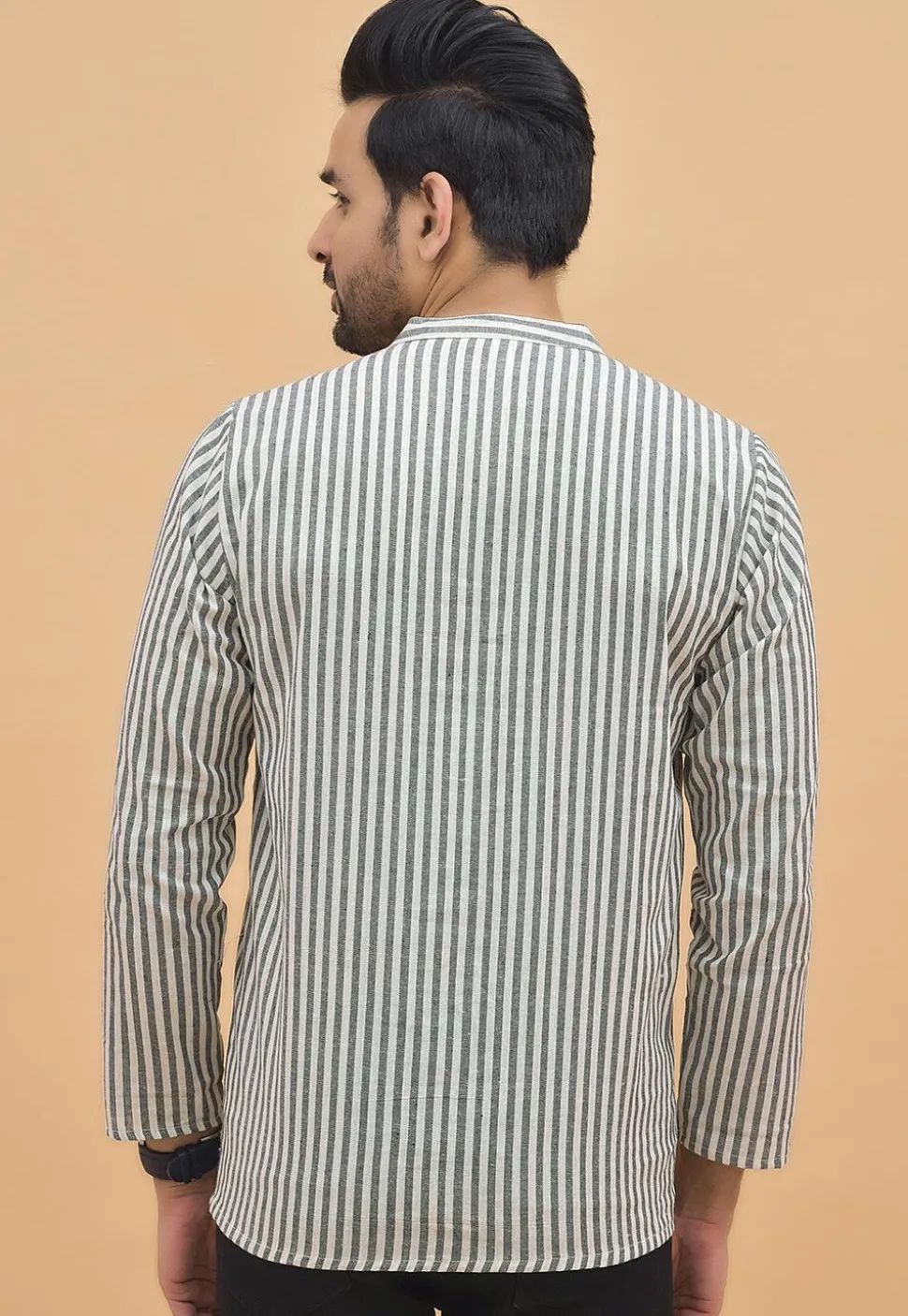 Stripe Printed Cotton Short Kurta in White and Grey