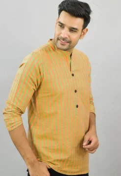 Stripe Printed Cotton Short Kurta in Olive Green