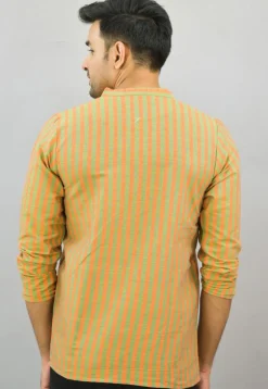 Stripe Printed Cotton Short Kurta in Olive Green