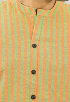 Stripe Printed Cotton Short Kurta in Olive Green