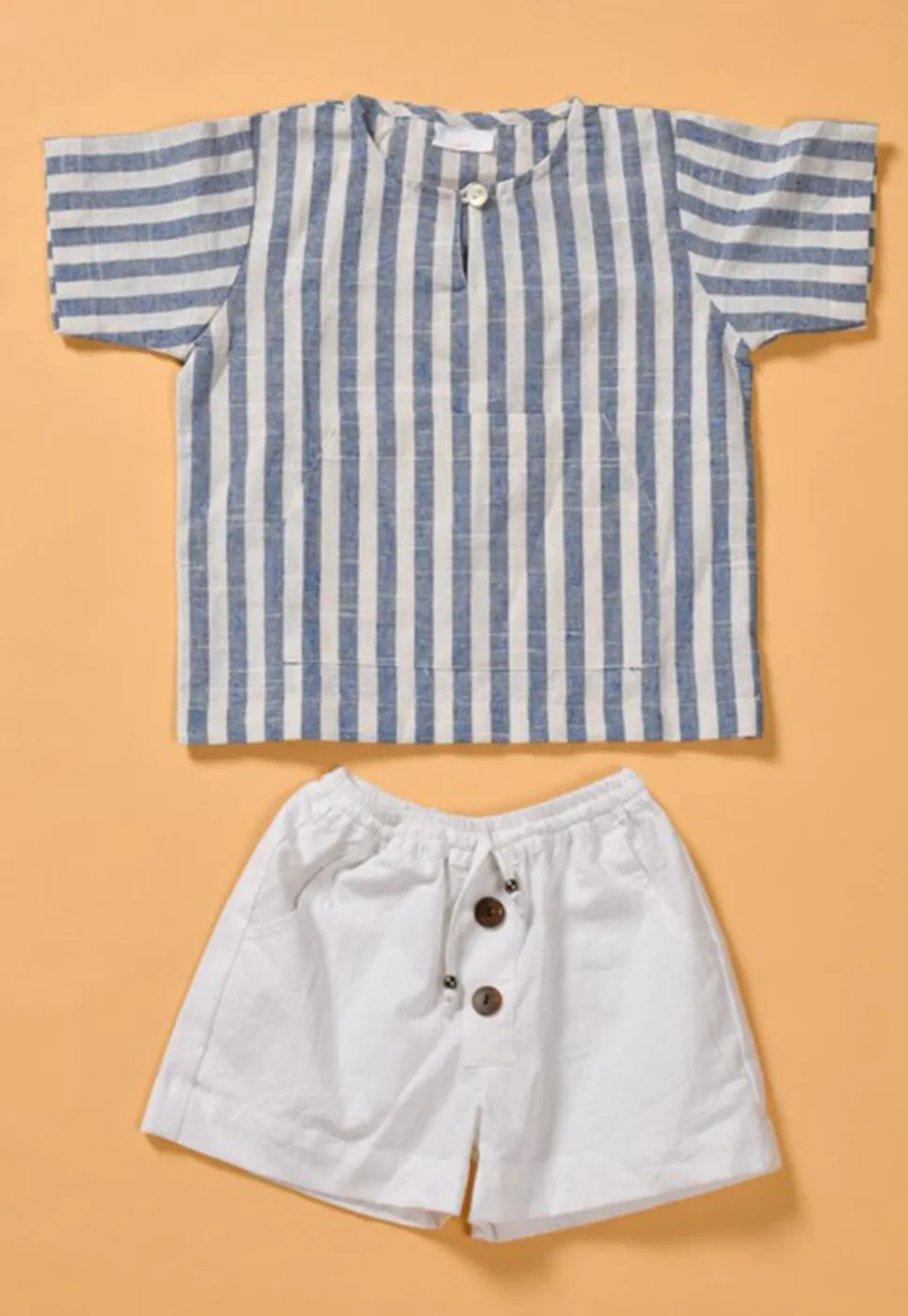 Stripe Printed Cotton Top Set in White and Blue